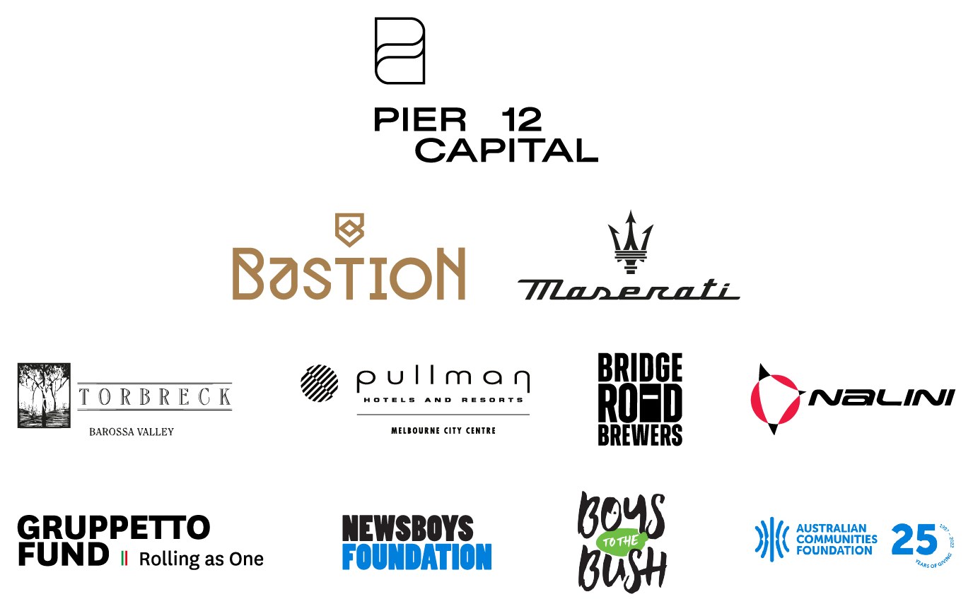 Our partners: Pier 12 Capital, Bastion, Maserati, Torbreck, Pullman Melbourne City Centre, Bridge Road Brewers, Nalini, Newsboys Foundation, Boys to the Bush and the Australian Communities Foundation